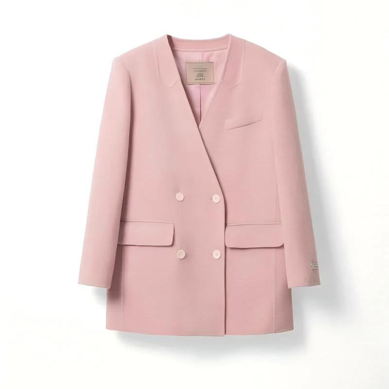 QC李潇洒 微胖大码秋冬韩系V领时尚气质烟熏粉短款西装羊毛外套