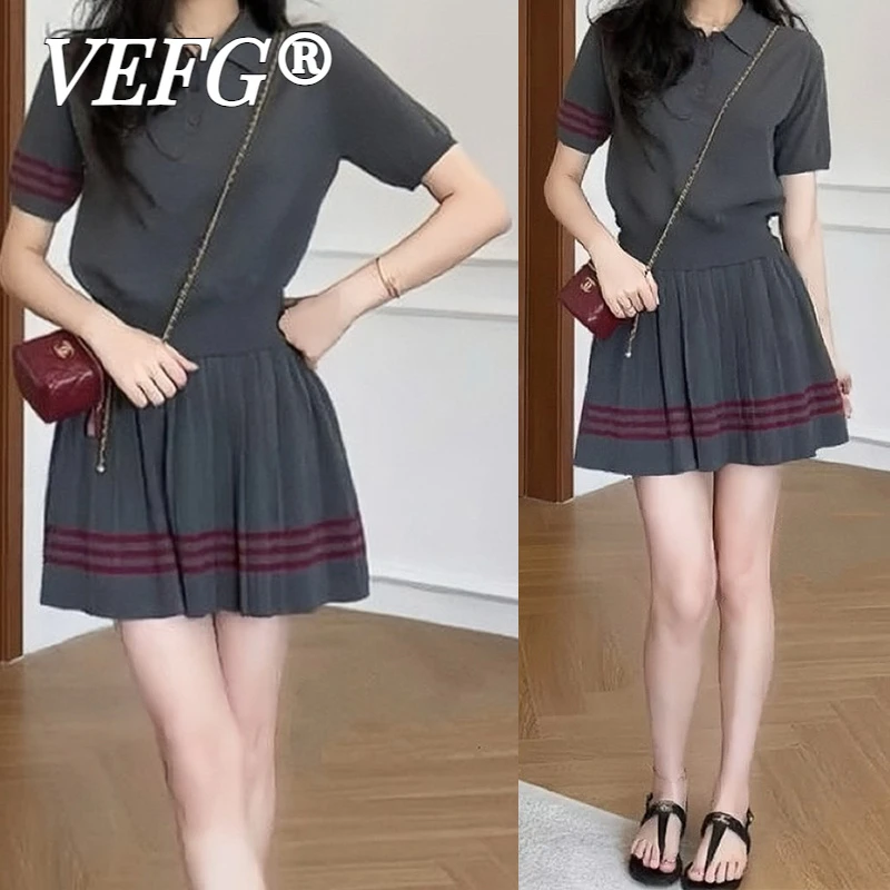 VEFG纯欲慵懒风女装2025夏季学院风减龄POLO领短袖针织衫显瘦半裙