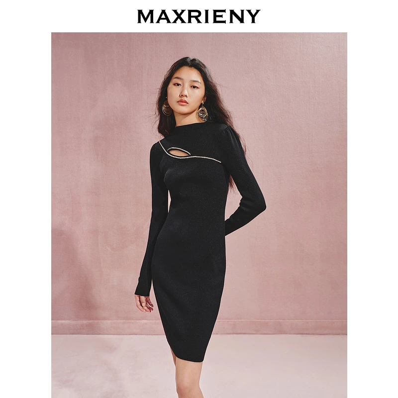 【宫廷巴洛克-商场同款】MAXRIENY收腰X型精致奢链连衣裙针织显瘦