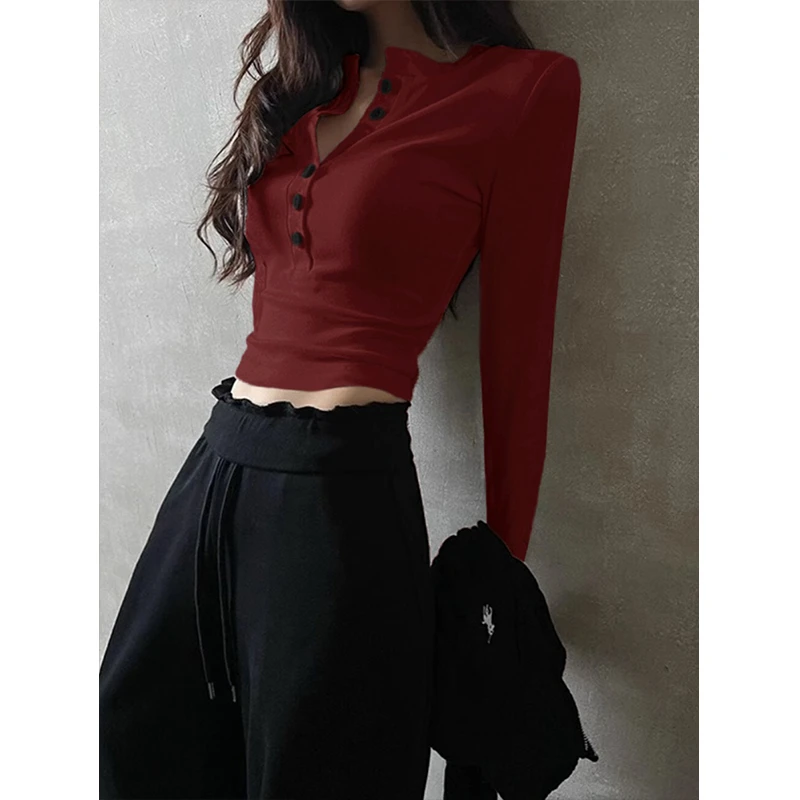 亨利领长袖T恤女2026年秋冬穿搭韩系穿搭修身短款内搭打底衫上衣