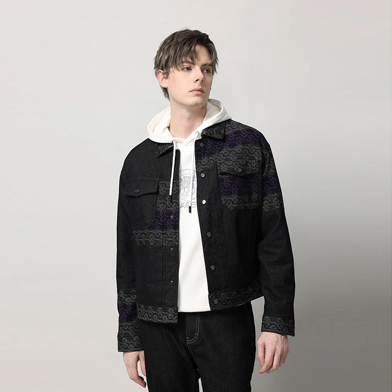 RARE威雅男装冬季新款商务男士提花紫色拼接休闲棉服牛仔外套