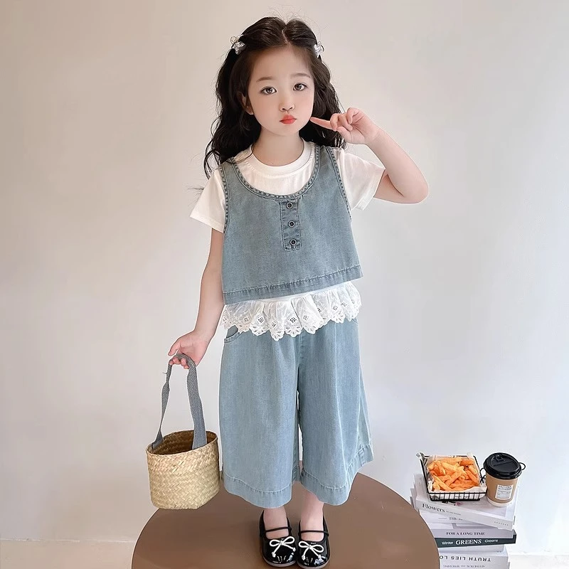 女童夏季套装2025新款仿牛仔时髦韩版儿童女宝洋气森系薄款三件套