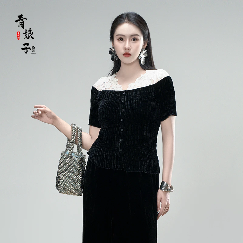 青娘子-丝绒（星遥）拼接国风新中式复古百搭气质短袖上衣61021