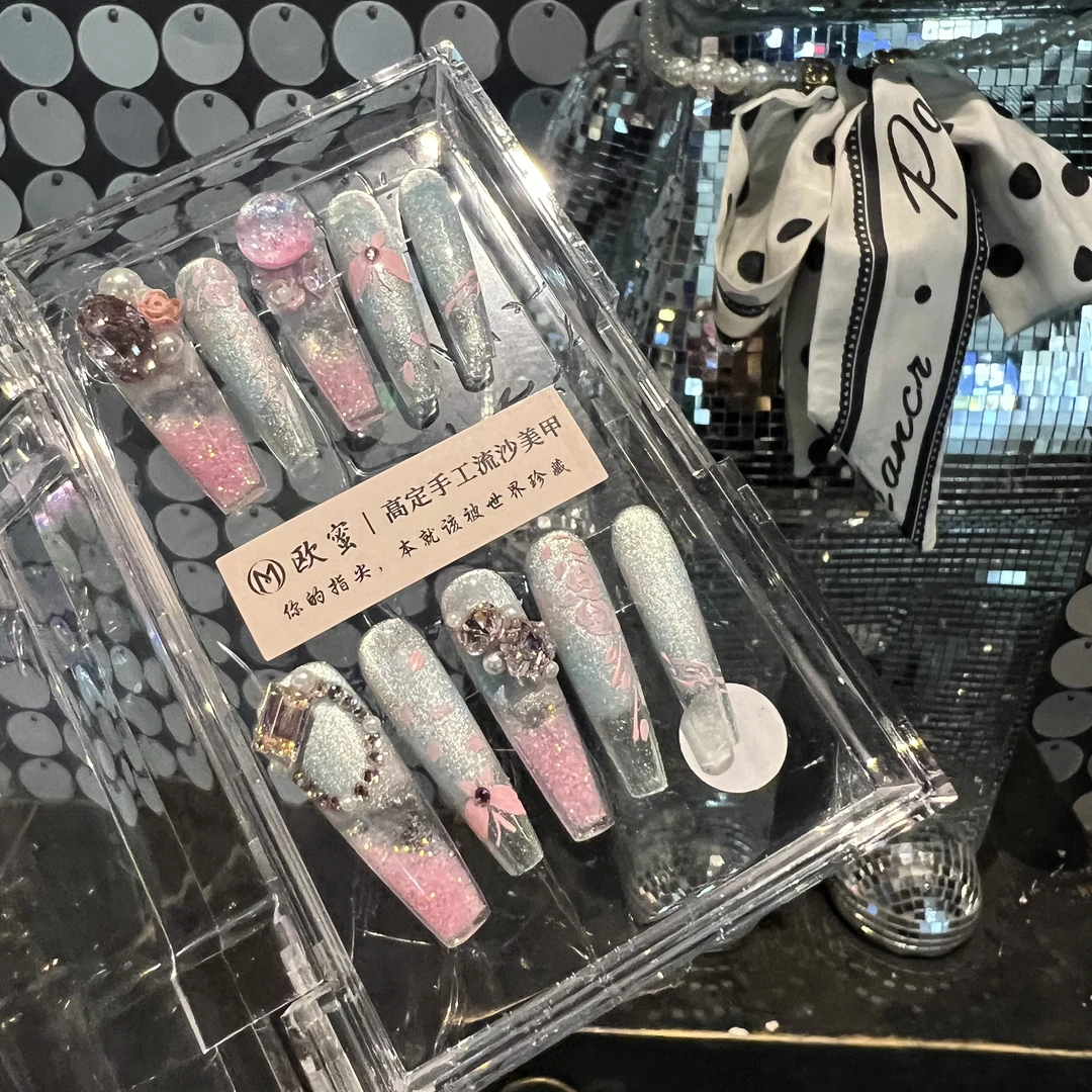 夜光【碧波仙子】纯手绘高级定制手绘雕花纯手工穿戴甲春季新款显白