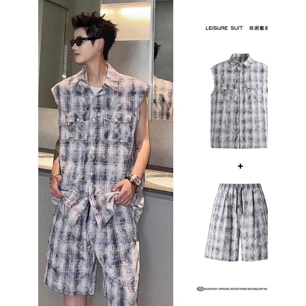 美式扎染破洞格子短袖短裤套装男夏季2025新款潮牌高级感两件套
