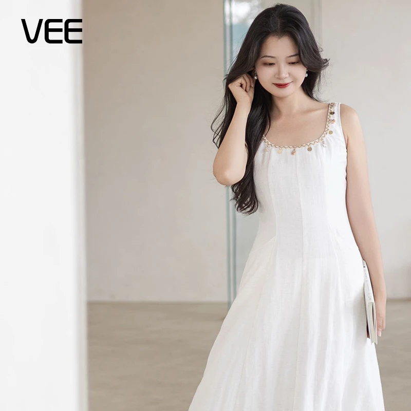 VEE【素颜也美】25新款百搭气质显瘦夏季亚麻混纺无袖连衣裙