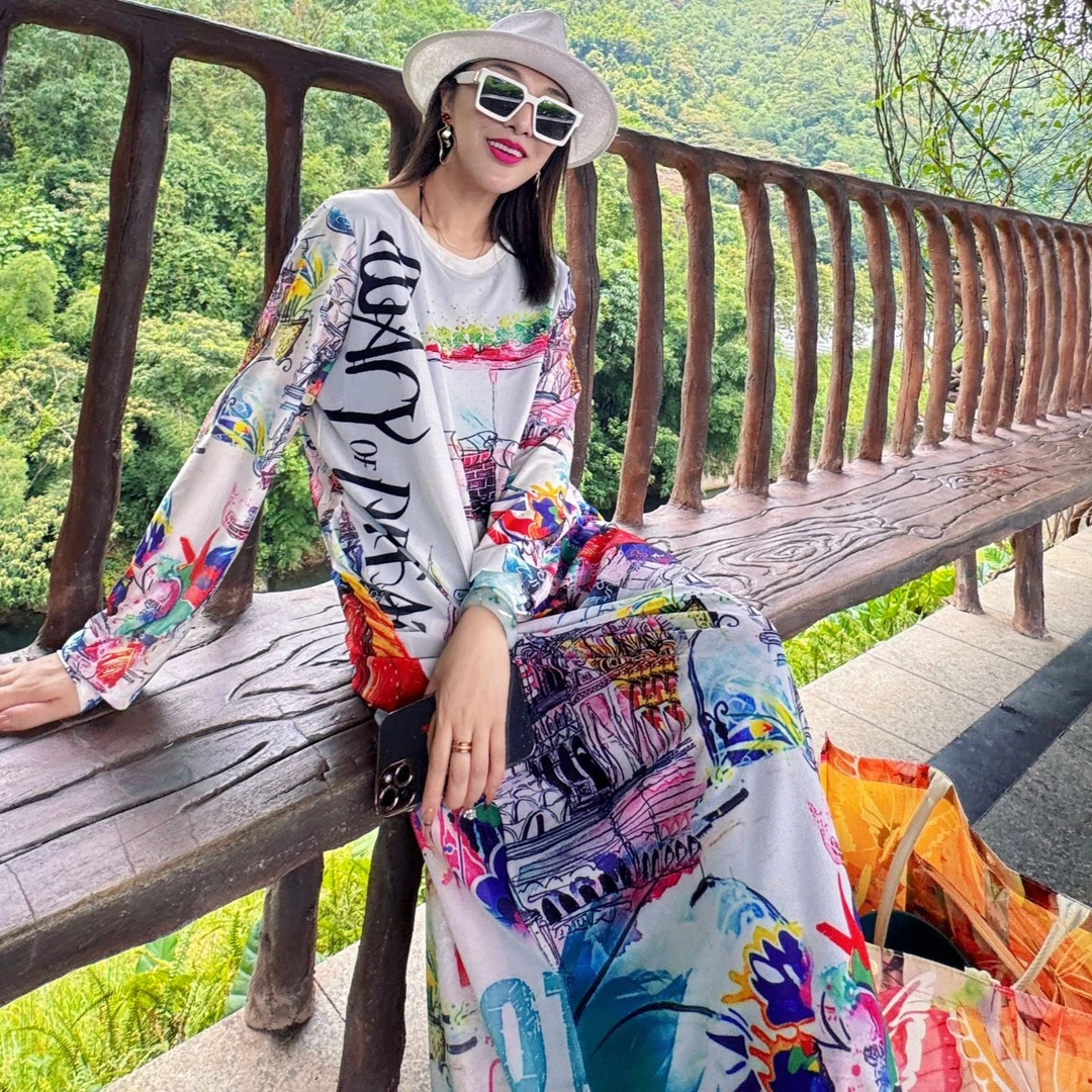 B4015设计师定制有里衬有兜弹力网纱波普风涂鸦印花圆领拖地长裙