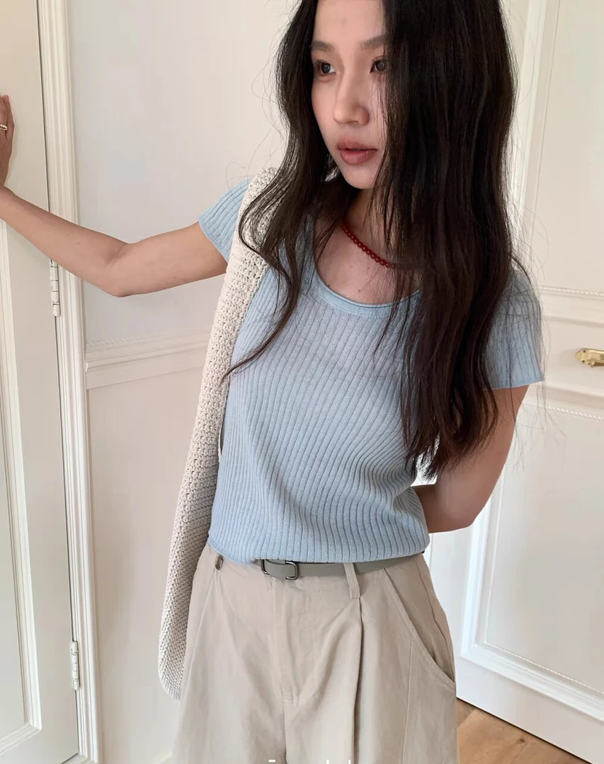 55001 韩系U领短袖针织衫（衣长51左右） 6-6