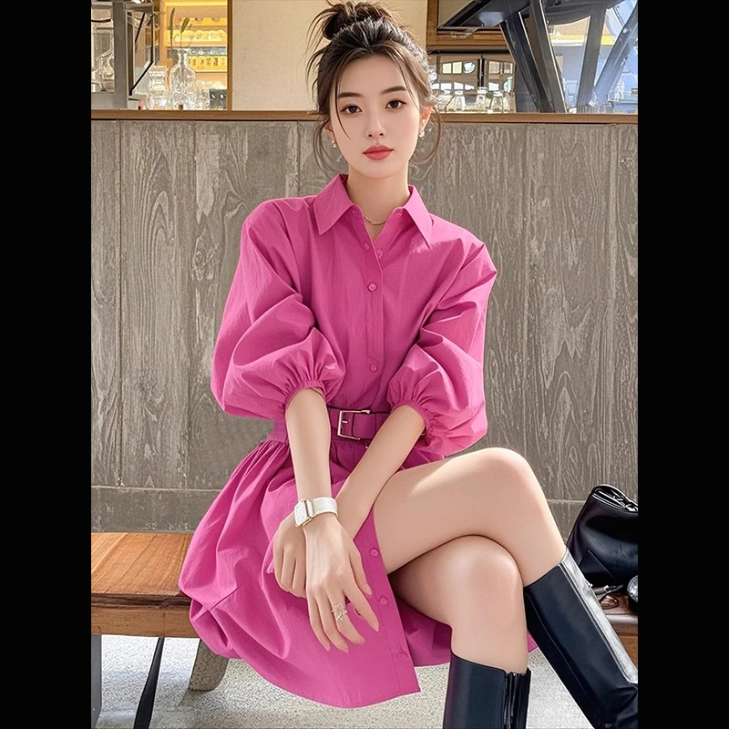 御姐穿搭轻奢高级感小众玫红色翻领连衣裙女2025年春季气质衬衫裙