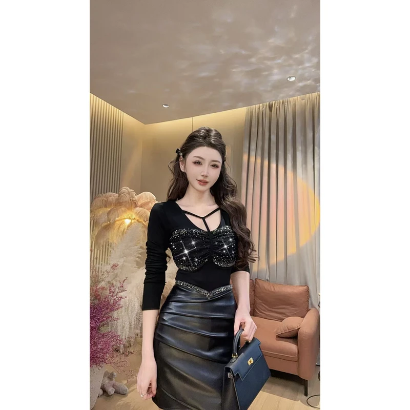 【美美专享】660319秋季新款设计感烫钻网纱抹胸假两件T恤上衣女