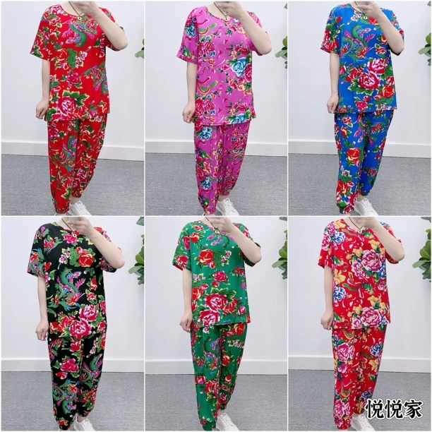 棉绸套装短袖七分紧腿裤东北大花圆领人棉套装