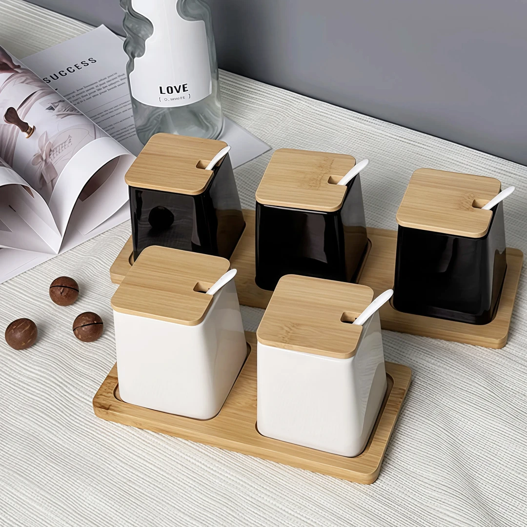 陶瓷调料罐方形调味盒厨房调味盒套装盐罐辣椒罐竹盖可加logo