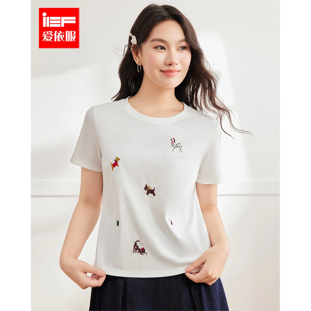 IEF/爱依服2025新款夏季休闲百搭宽松印花ins设计感显瘦针织T恤
