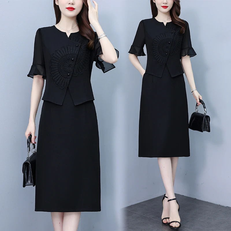 高档2025夏季新款大码法式拼接胖mm显瘦气质复古黑色假两件连衣裙
