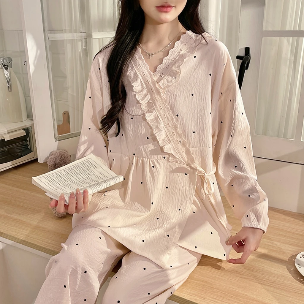 月子服春秋大码产后波点纱布孕妇睡衣夏季薄款哺乳宽松家居服套装