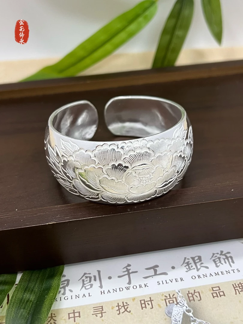 足银手镯 凤穿牡丹手镯1【金花银号】纯手工手镯民族风传承
