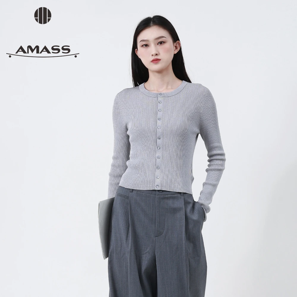 阿玛施AMASS经典百搭新款粘纤灰色薄款修身圆领针织开衫女548037