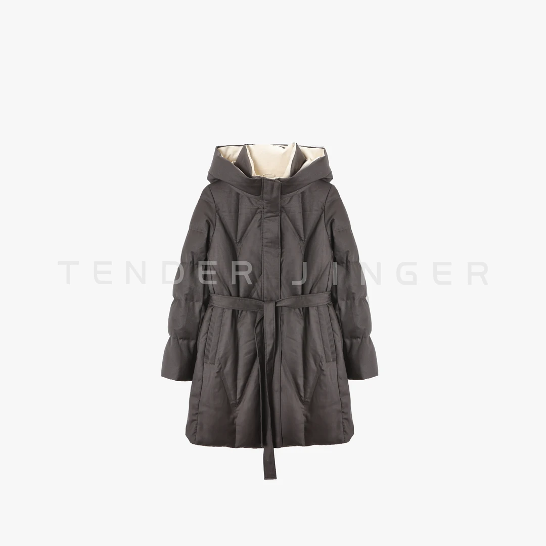 Tender Jinger｜线下专供菱格连帽收腰羊毛中长款鹅绒服T54CH50701