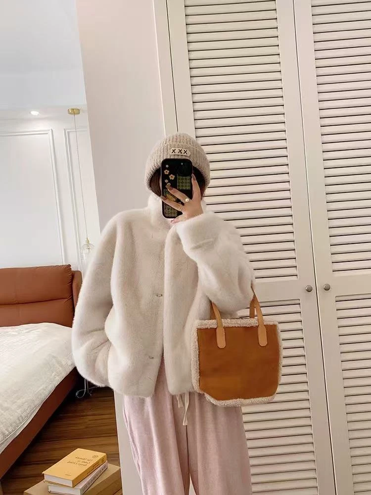 海宁新款貂绒毛毛外套短款韩版立领百搭2024秋冬大衣