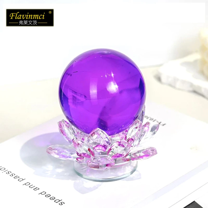 个性紫色旋转莲花底座水晶球车内家用客厅桌面装饰品摆件