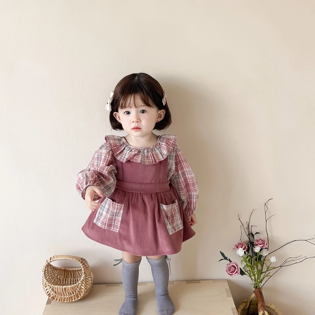 7077春款女宝宝背带包屁裙套装格子花边领上衣公主哈裙两件套