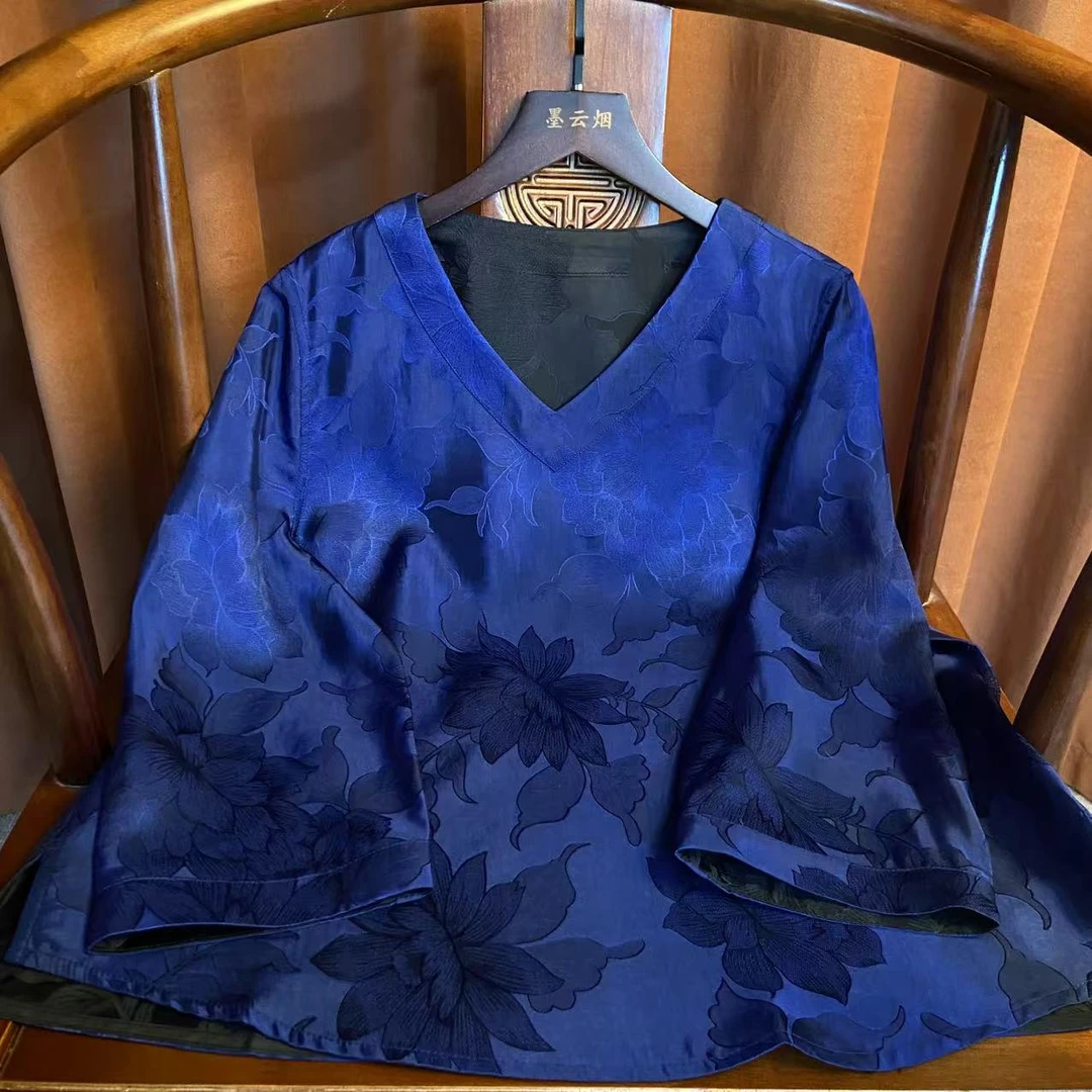 【觅蓝】双面穿国风简约设计定制宝石蓝提花V领女士衬衫2025夏季