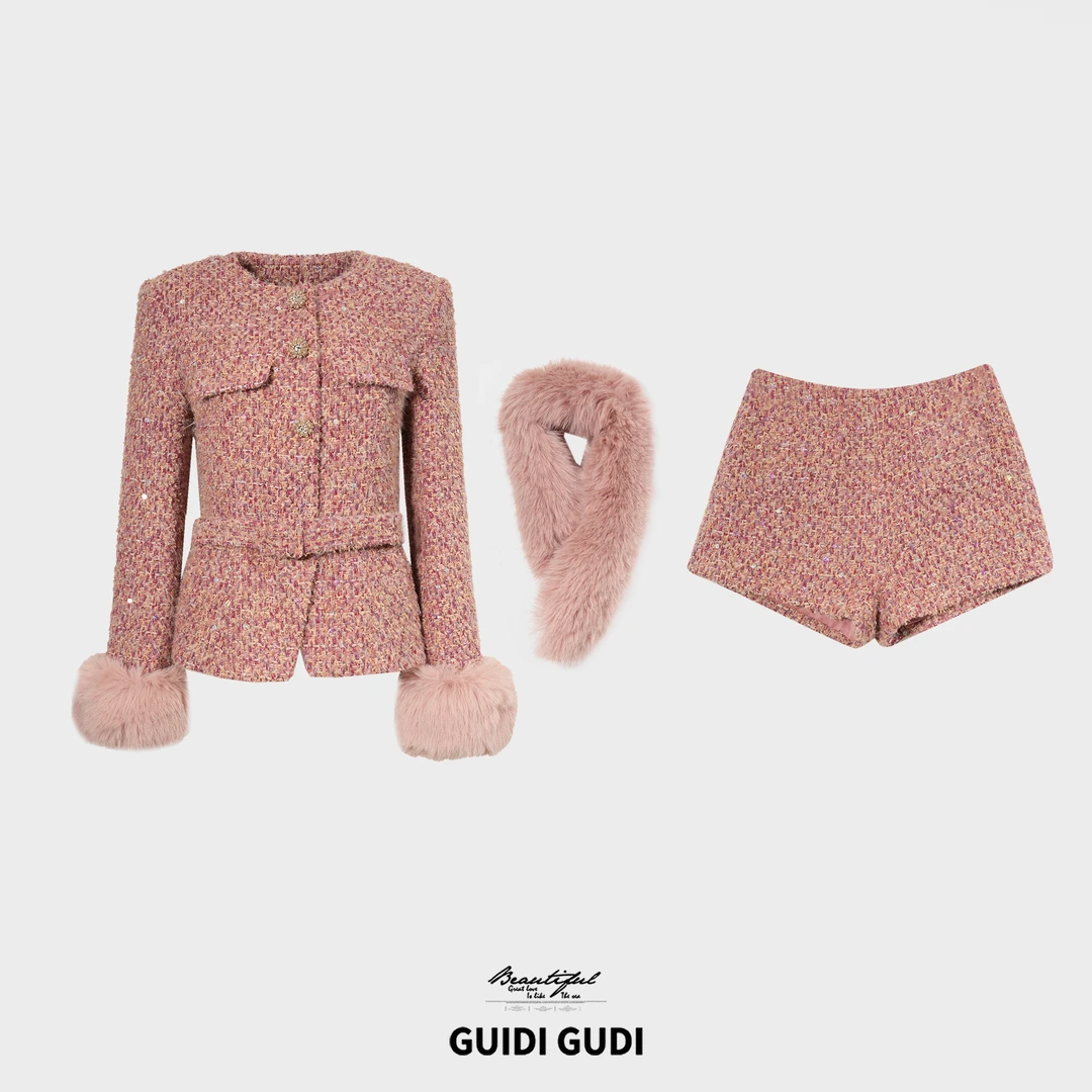 GUIDI GUDI【甜橘橘】气质小香风金丝珠片外套短裤套装