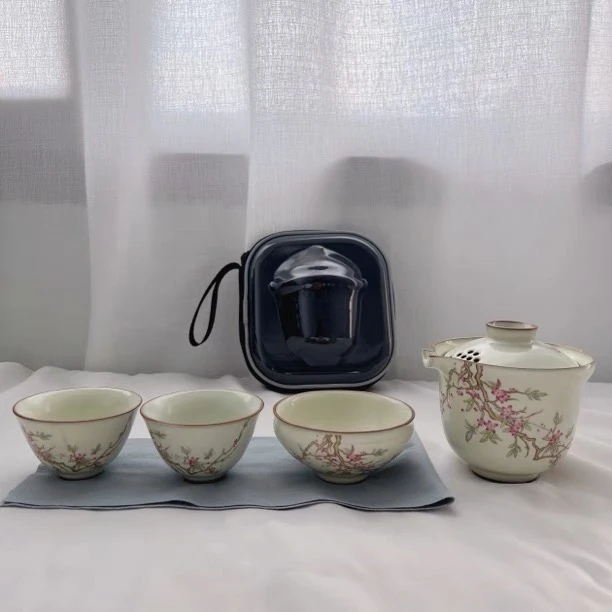 新款陶栖桃花黄汝窑一壶三杯茶具小套组桃花旅行快客套组车载户外