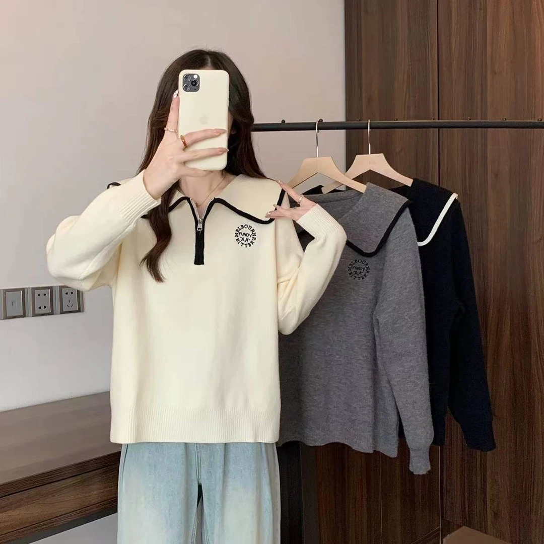 (9970)大码女装胖MM秋冬新款宽松显瘦半拉链娃娃领针织长袖正肩