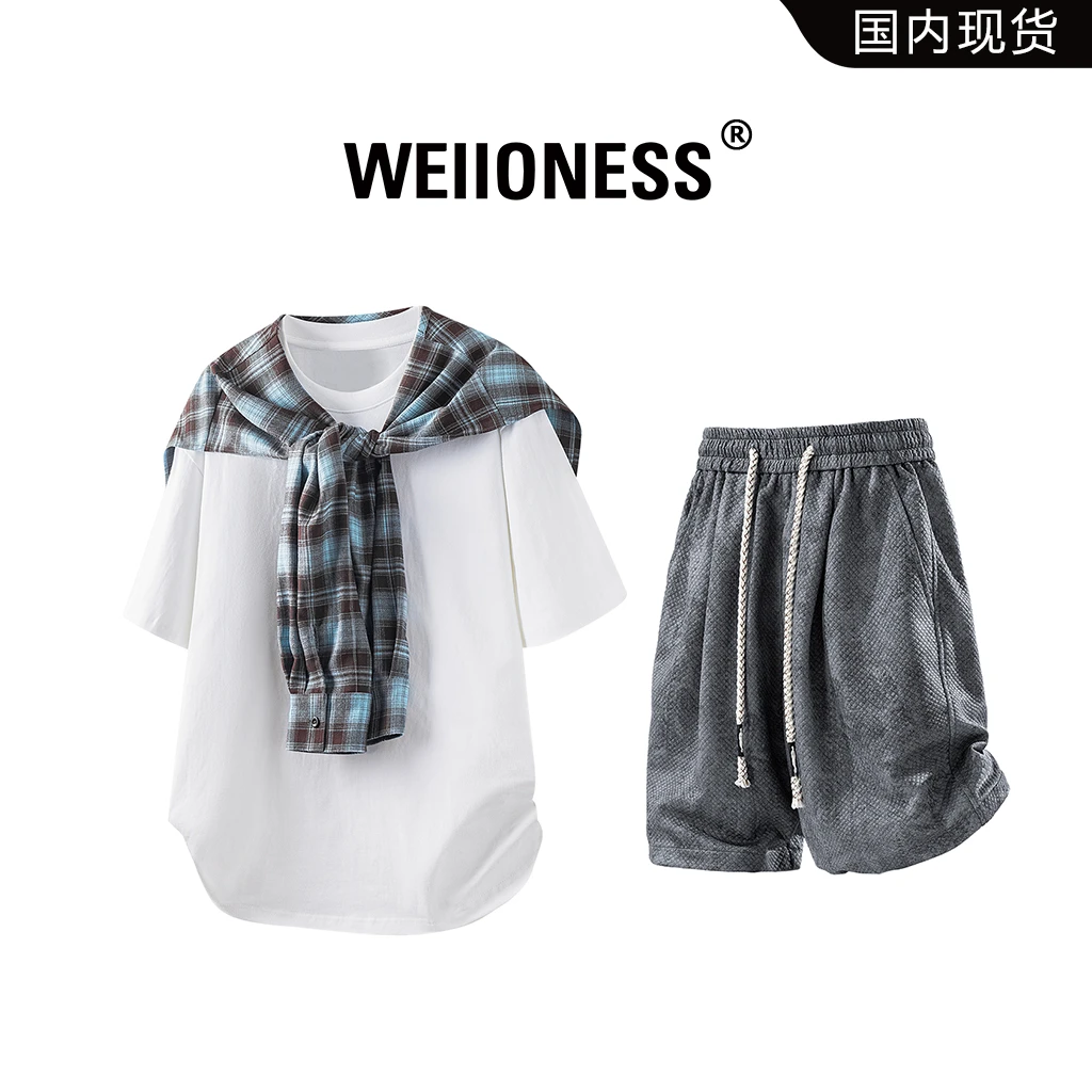 WEIIONESS潮牌设计感披肩短袖套装男款夏季宽松两件套慵懒风男装