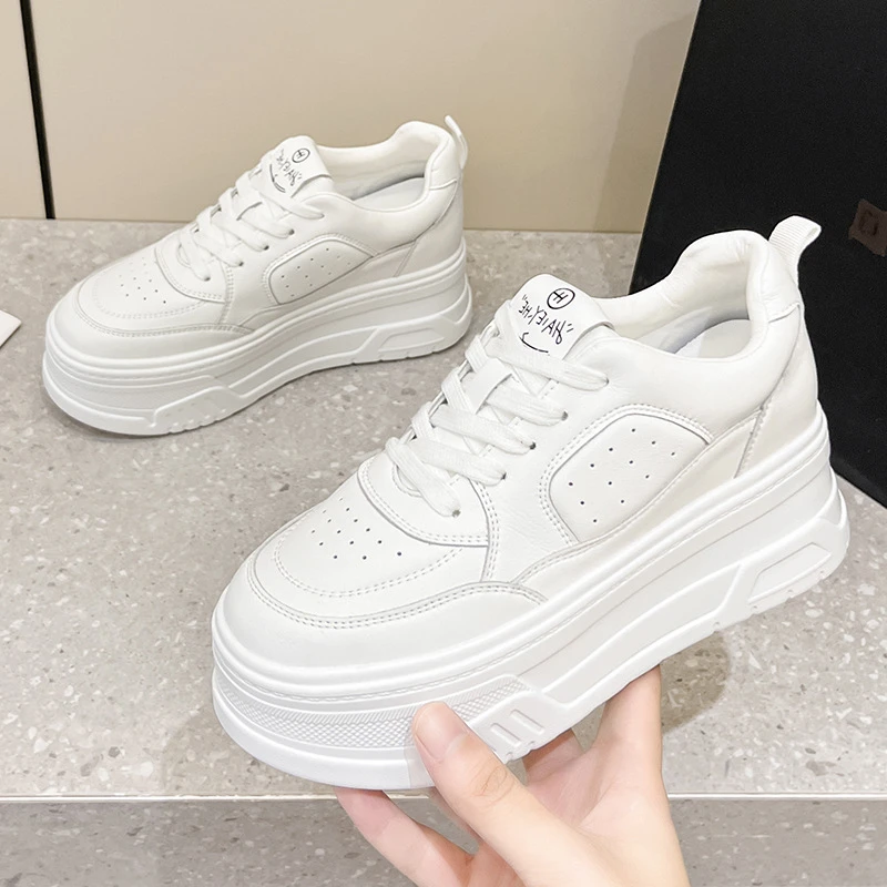 爆2023新款圆头厚底内增高真皮春夏小白鞋女百搭运动松糕鞋休闲鞋