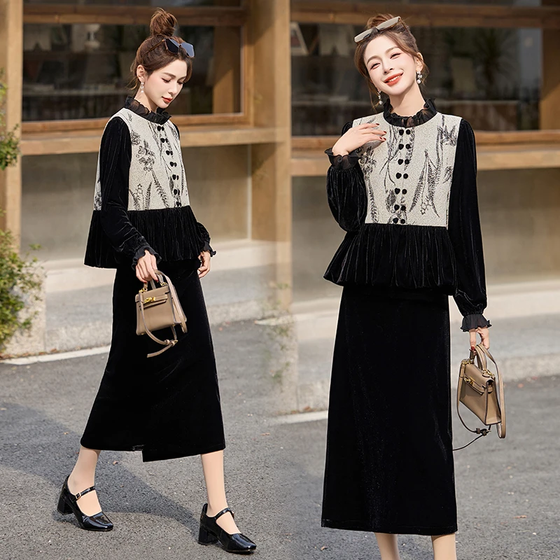 新中式印花马甲套装裙女2025新款金丝绒春秋洋气复古拼接三件套