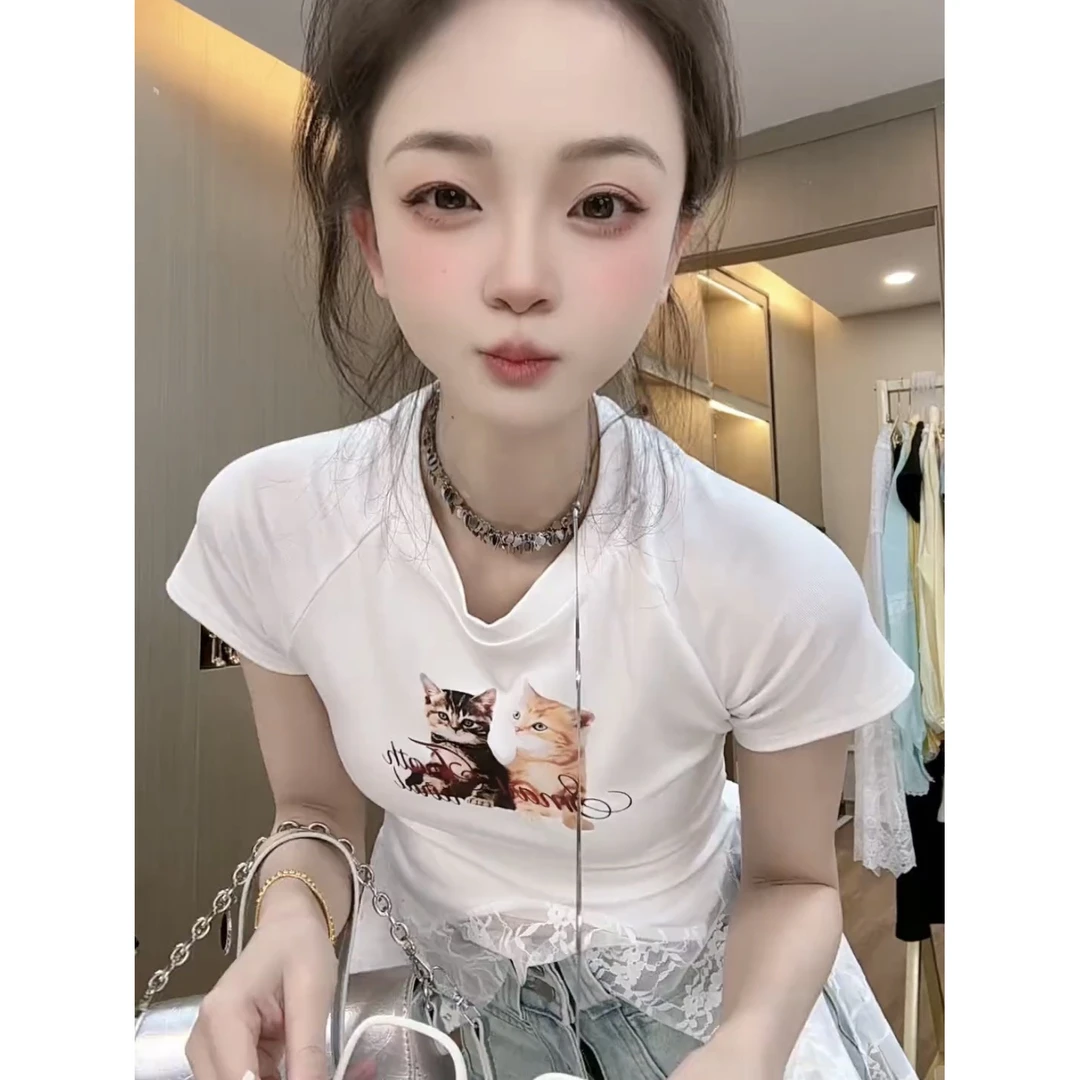 法式不规则蕾丝下摆猫咪印花正肩短袖t恤女夏季小众修身显瘦上衣