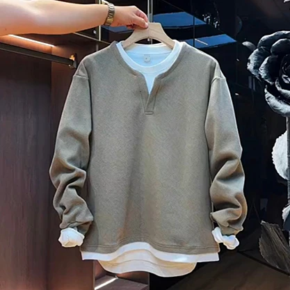 春秋潮流新款假两件纯色V领卫衣男高档宽松百搭休闲上衣打底衫