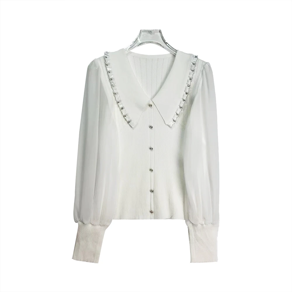 E3943【新款】时尚娃娃领白色拼接百搭气质钉珠上衣