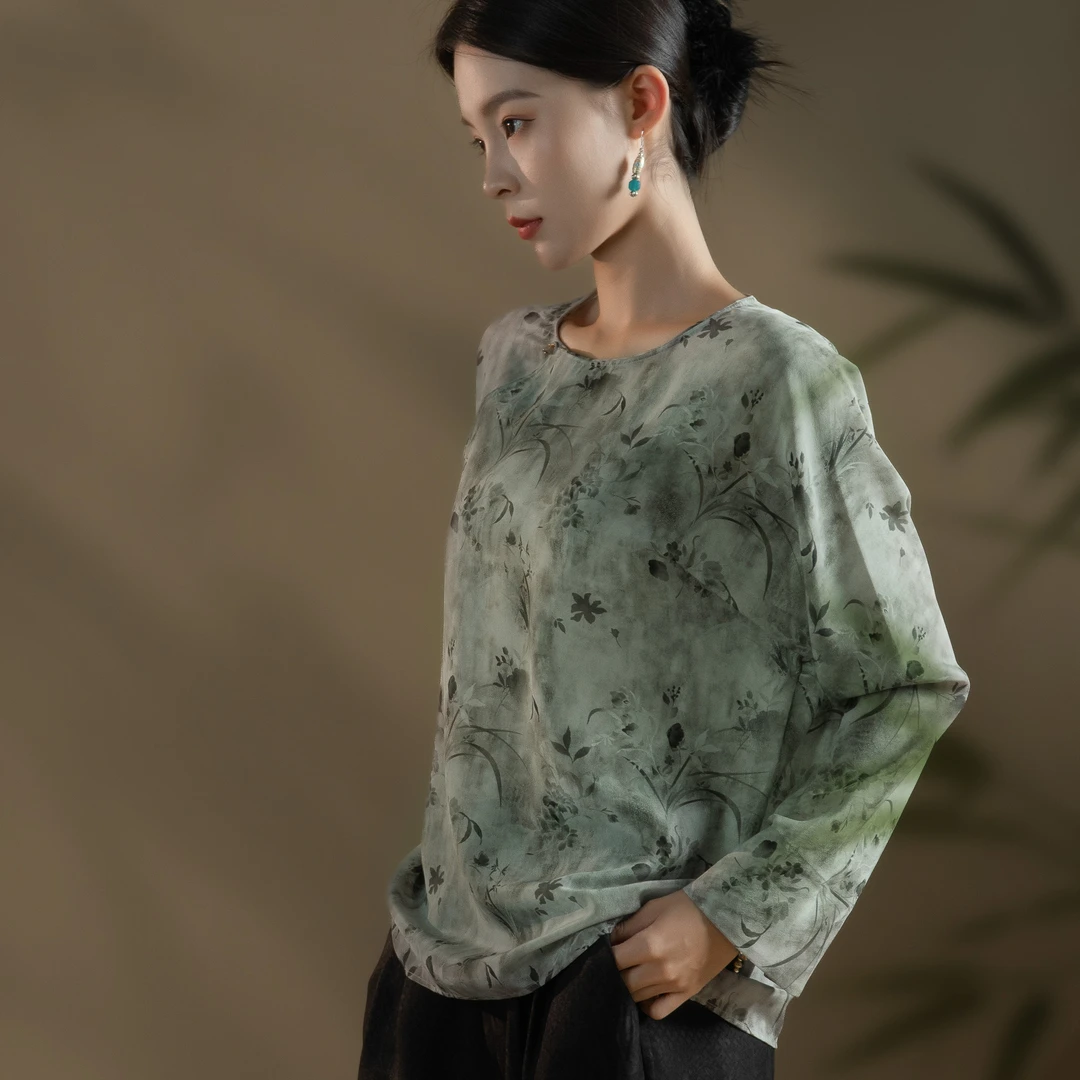 芬领-水墨花-2025春夏桑蚕丝真丝圆领印花上衣SY2130-SY2132