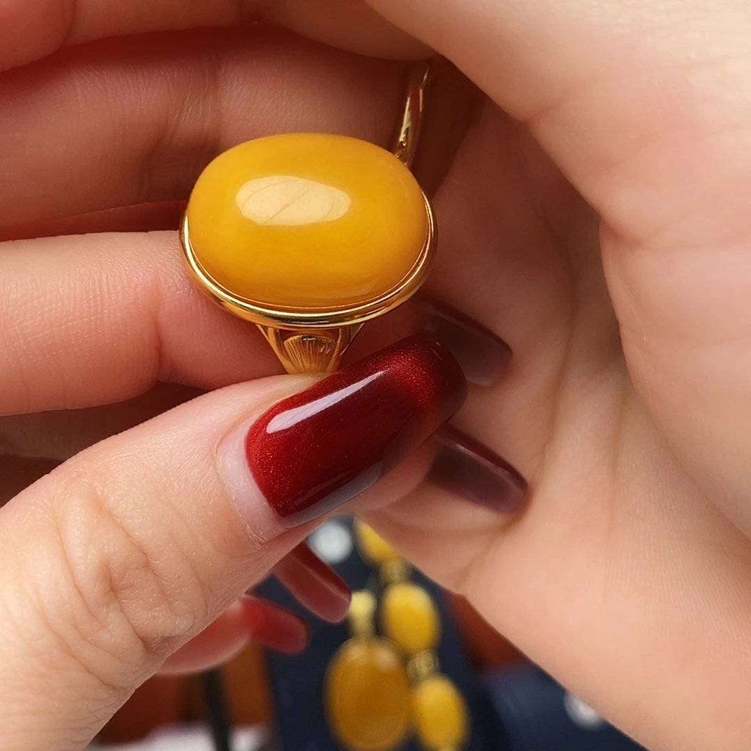 蜜蜡银S925镀金镶嵌戒指