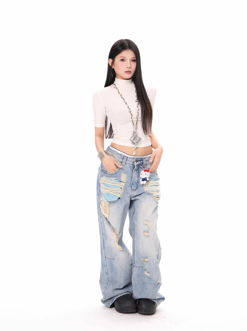 设计感破洞宽松直筒低腰牛仔裤水洗做旧阔腿裤长裤