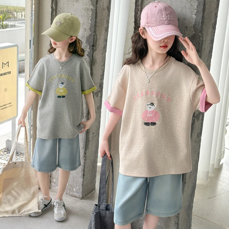 女童卷边短袖T恤套装2025夏季新款中大童女孩洋气百搭牛仔中裤潮