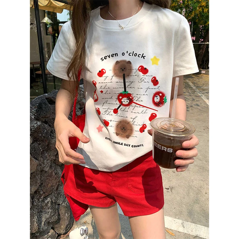 小个子KT小猫时钟印花正肩T恤2025夏季新款ins减龄设计小众短袖女