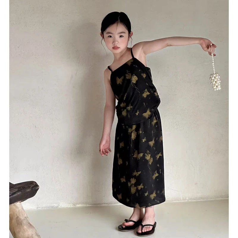 【语汐定制】2025夏季新款黑金蝶韵儿童时尚印花吊带半裙套25582