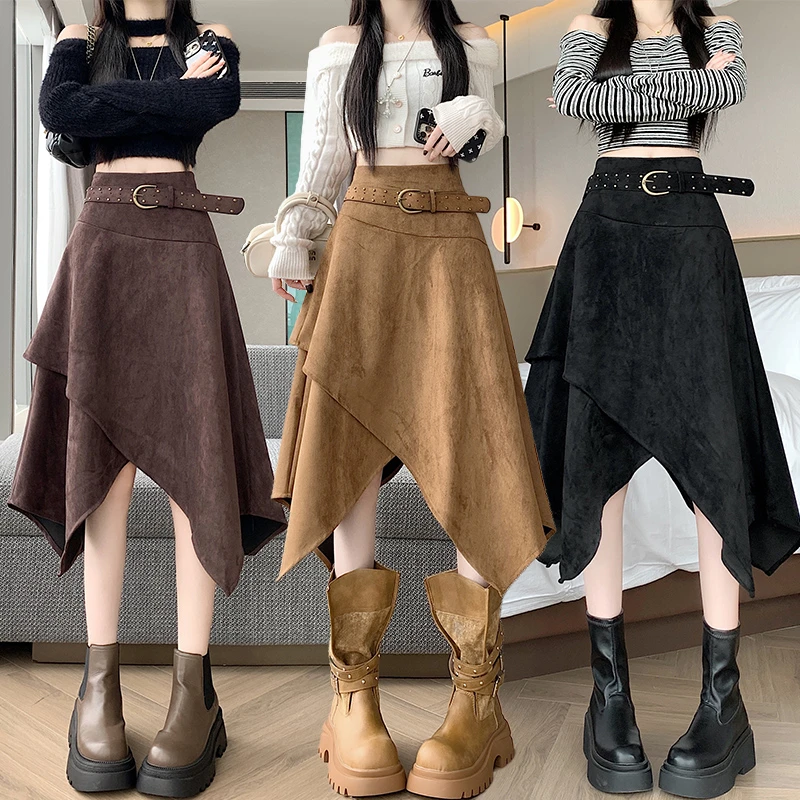 双11复古美拉德辣妹不规则绒咖色半身裙子女冬季新款a字裙