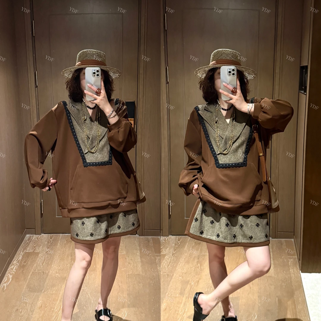 YDFSTUDIO小众【挪威之旅】欧货高品撞色拼接V领设计上衣+裙裤套装