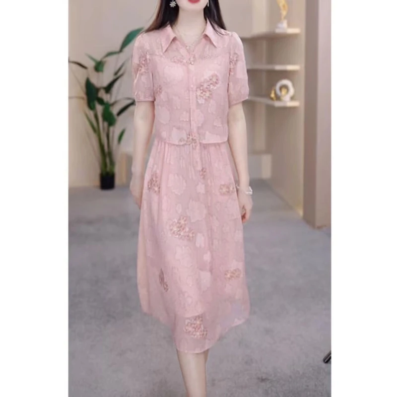 【连衣裙】高档云锦丝夏季新款时尚气质轻奢刺绣减龄显瘦假两件裙子