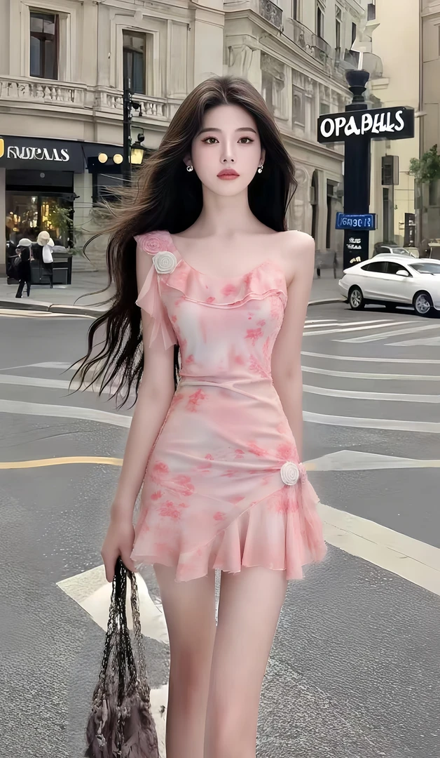 温柔甜美千金风粉色不规则领型修身收腰包臀连衣裙女显瘦时尚短裙