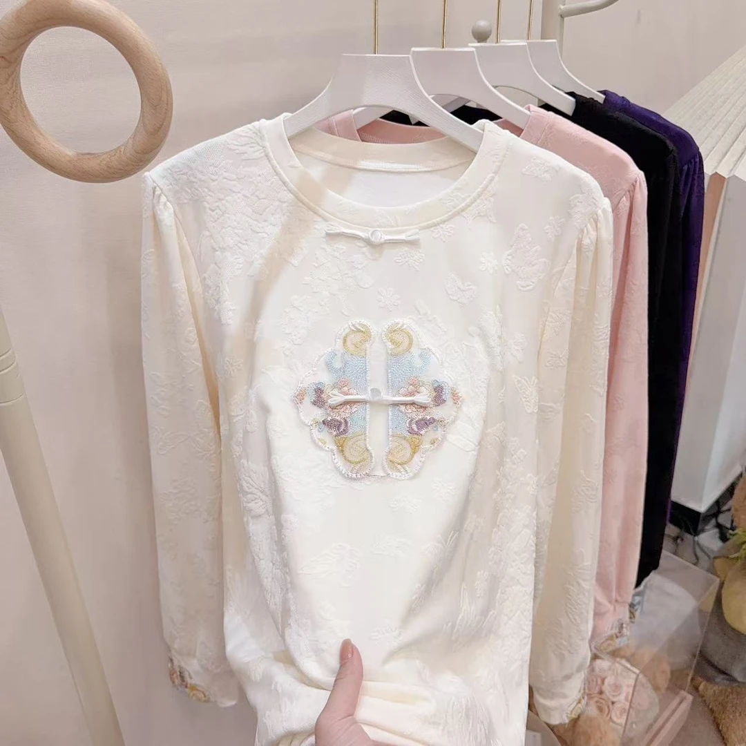 胖胖家*1221新中式盘扣拉绒百搭显瘦大版高弹力国风打底衫