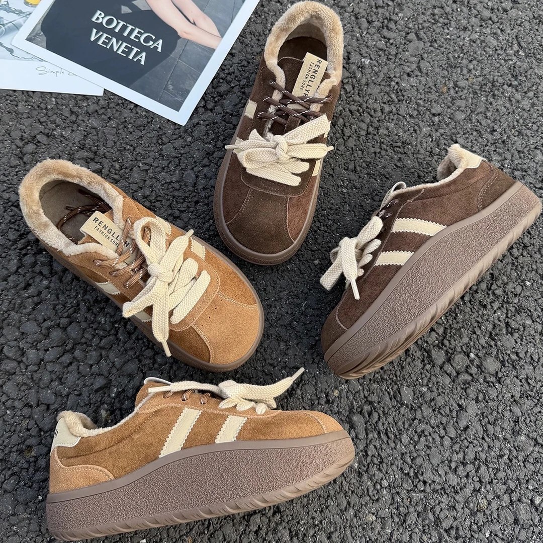 爆款卡皮巴拉真皮加绒保暖德训鞋女美拉德复古2025冬松糕厚底板鞋