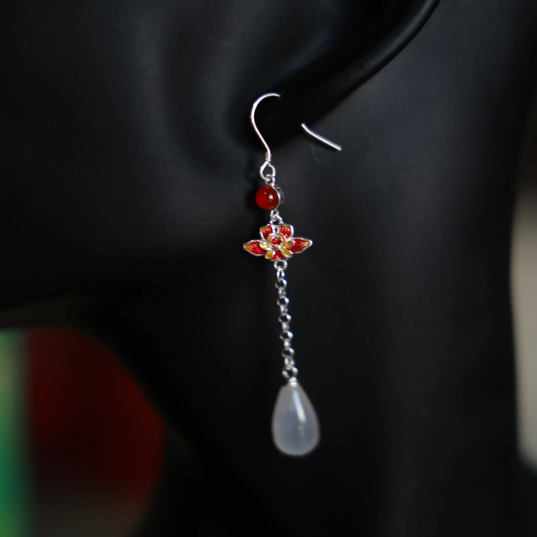 足银珐琅耳饰 珐琅莲花白水滴新中式足银长款耳环耳坠耳钩民族风