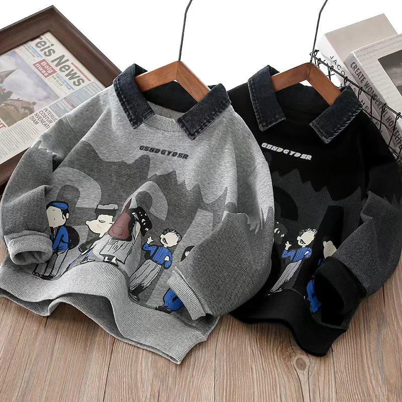 男童外穿牛仔领印花卫衣2025新款儿童春秋季痞帅上衣大童洋帅气