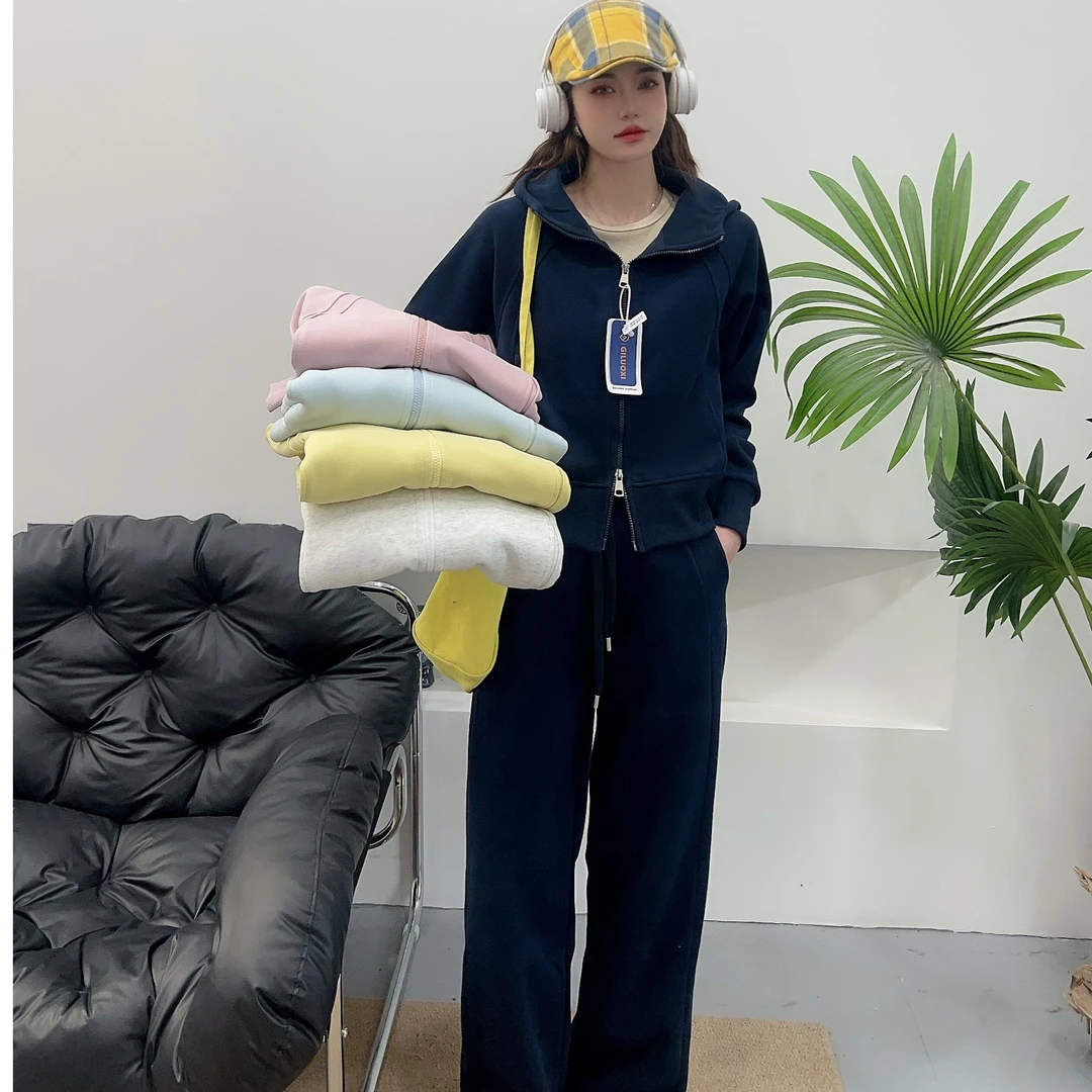 简衣-2025春款双拉链LU同款休闲连帽时尚宽松减龄韩版套装-T2513